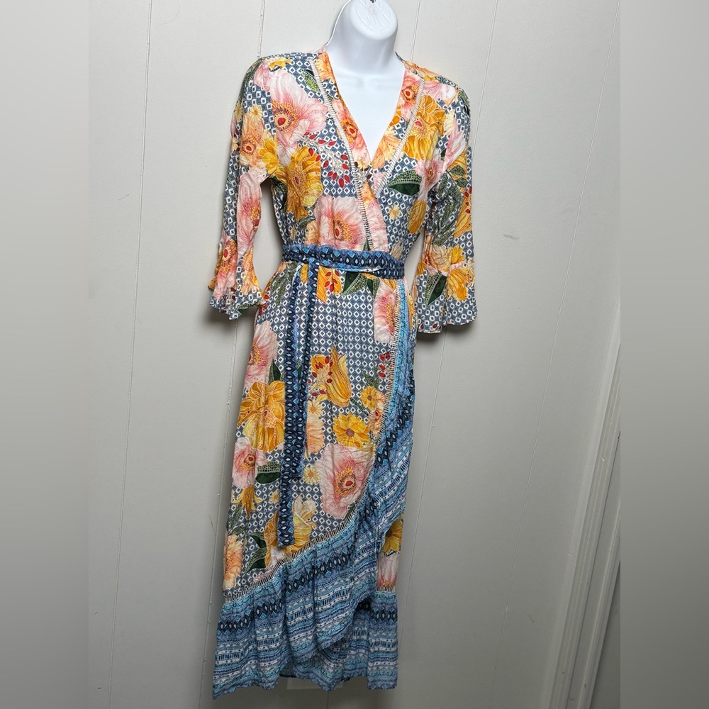 Farm Rio Anthropologie 100% Viscose Multicolor Floral Wrap Maxi Dress Size XSP - Picture 1 of 9